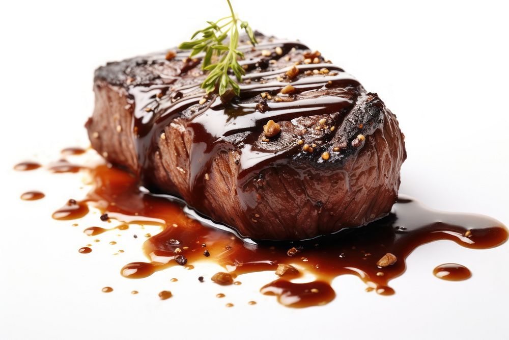 Black pepper sauce drizzle on cooked steak food meat beef.