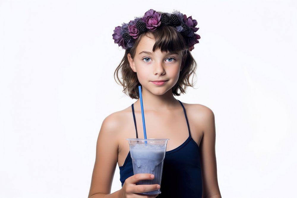 Girl drinking blueberry smoothie portrait adult photo.