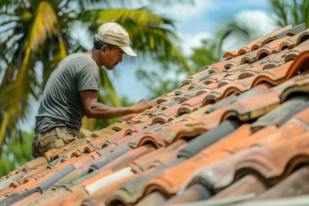Roof contractor installing roof tile adult architecture building.