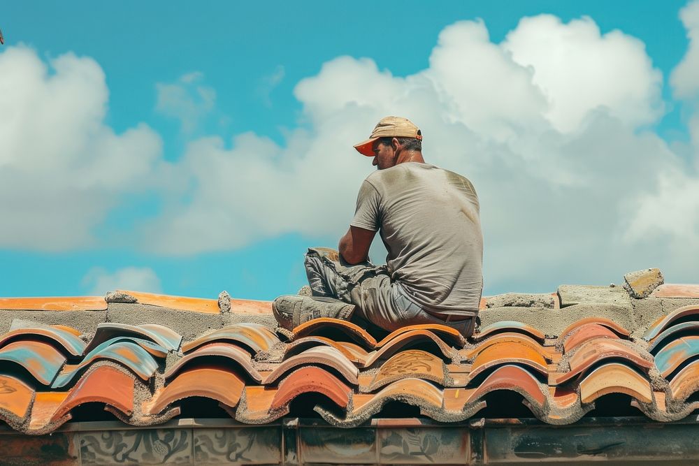 Roof contractor installing roof tile architecture building adult.