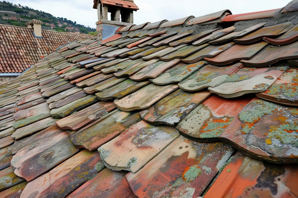 Repair of tiles on the roof architecture building outdoors.