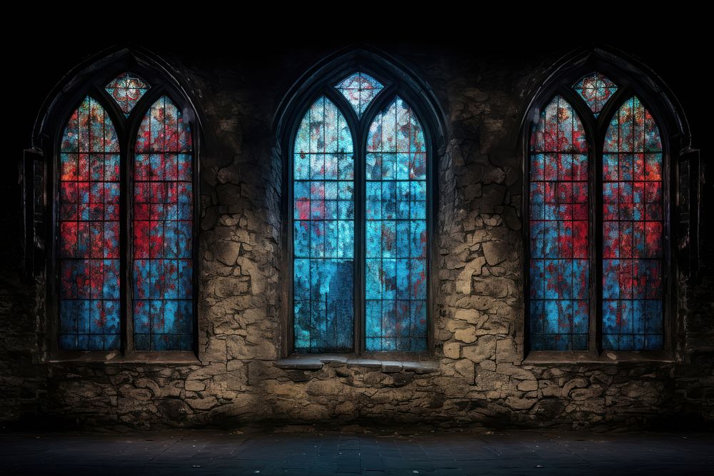 Whole old serene empty stained glass scene architecture wall spirituality.