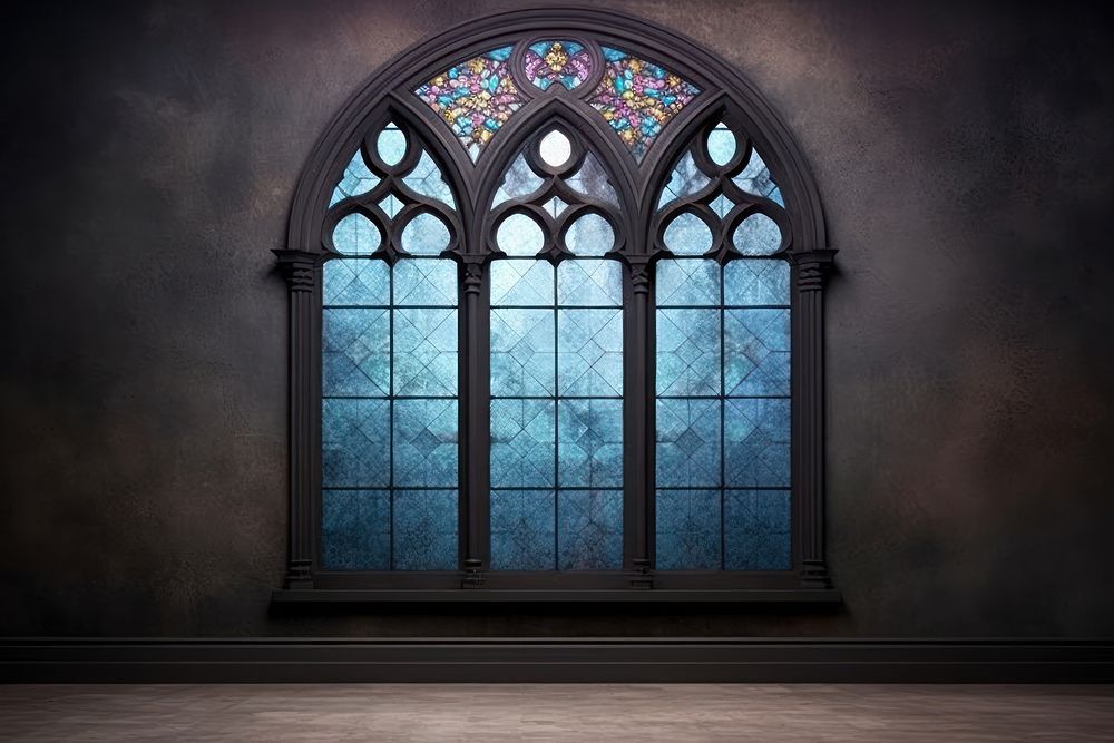 Whole old serene empty stained glass scene architecture window wall.