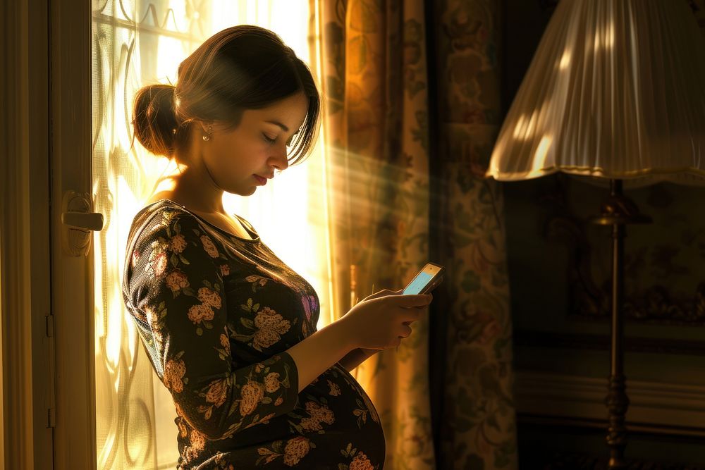 Pregnant woman checking reading fashion dress.