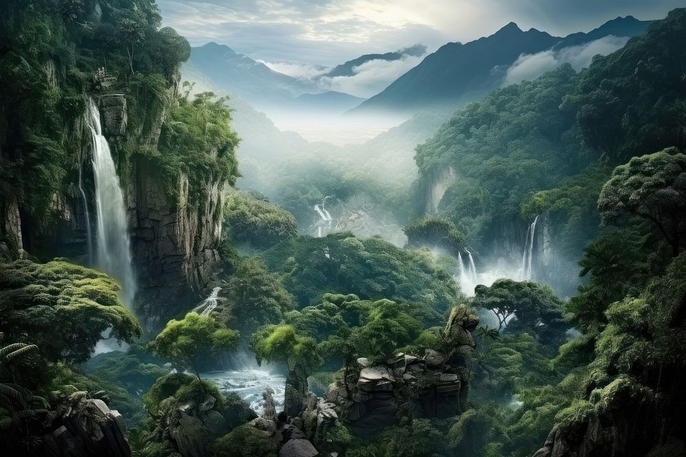 Rainforest waterfall vegetation landscape.