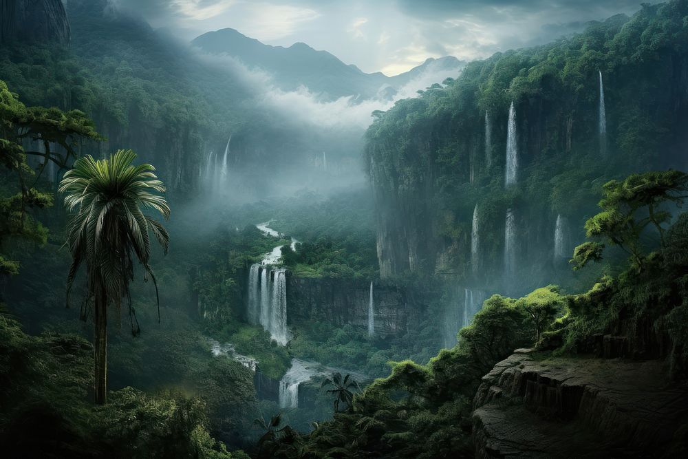 Rainforest waterfall landscape outdoors.
