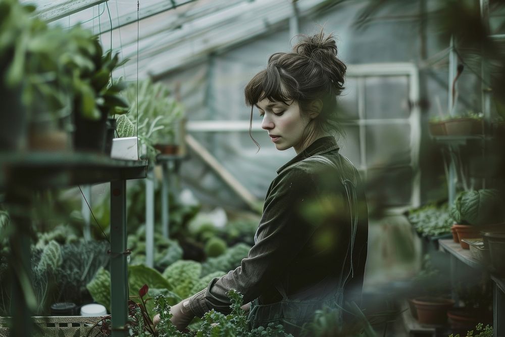 Woman standing in a greenhouse plant gardening outdoors.