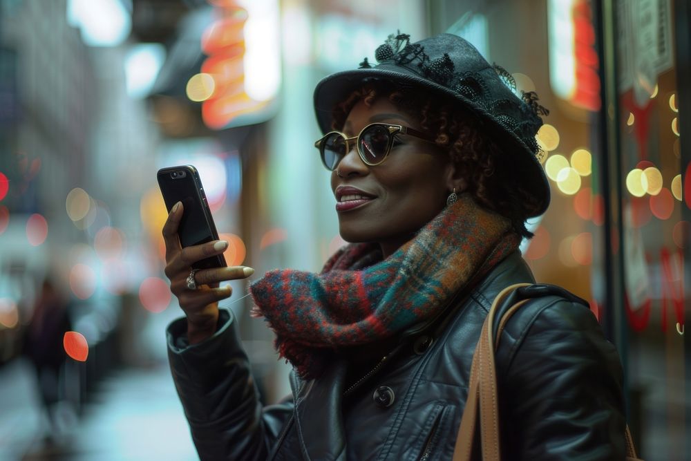 Woman talking to smart phone portrait glasses selfie.