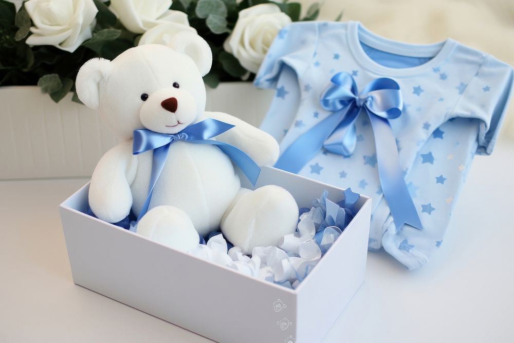 White onesie teddy bear box gift.