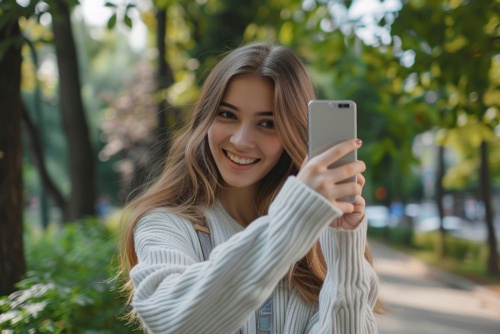Young woman recording herself taking portrait by smart phone selfie smile photographing.
