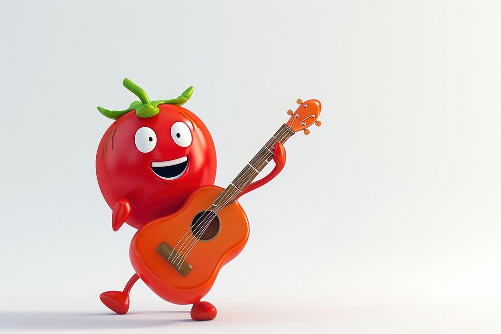 3d character tomato play guitar cartoon anthropomorphic representation.