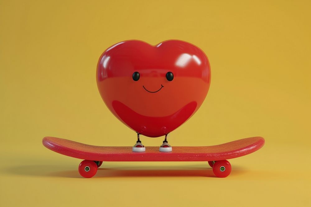 3d object heart play skateboard cartoon anthropomorphic representation.