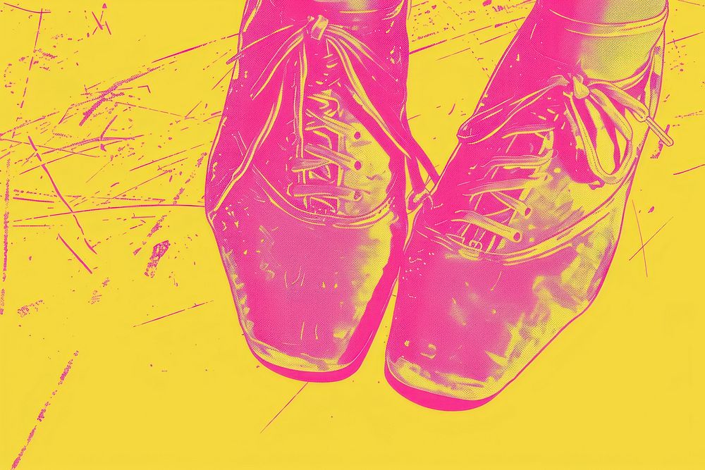 CMYK Screen printing of ballet shoes footwear yellow purple.