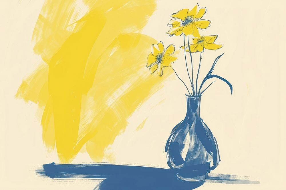 CMYK Screen printing of flower vase painting yellow plant.