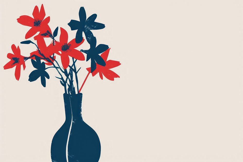 CMYK Screen printing of flower vase plant art red.