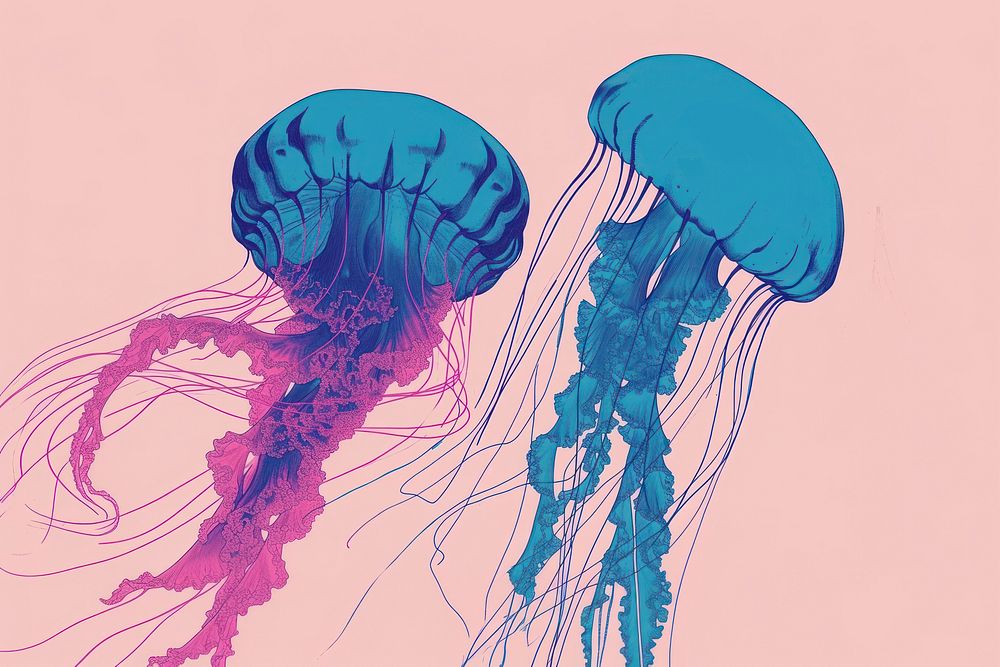 CMYK Screen printing of jellyfish blue invertebrate underwater.