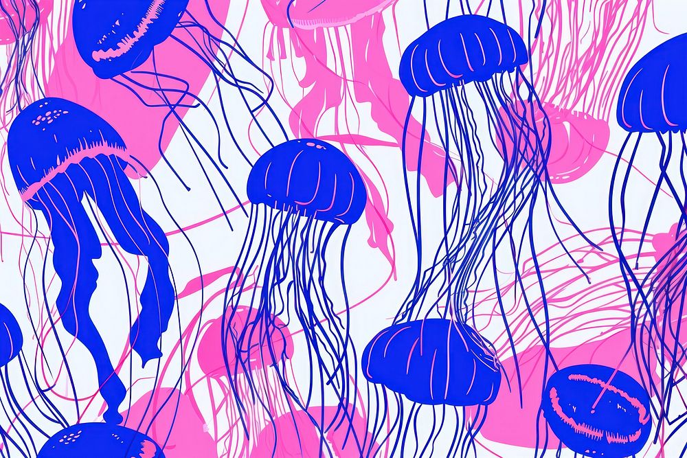 CMYK Screen printing of jellyfish backgrounds pattern line.