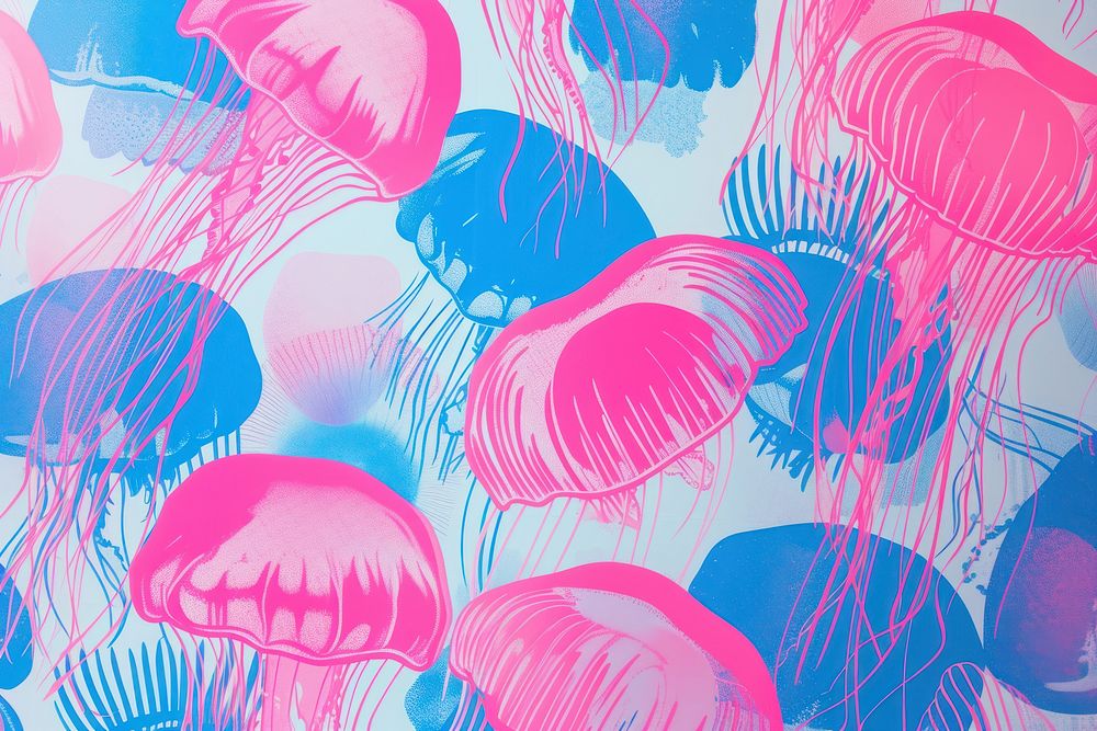 CMYK Screen printing of jellyfish backgrounds pattern pink.