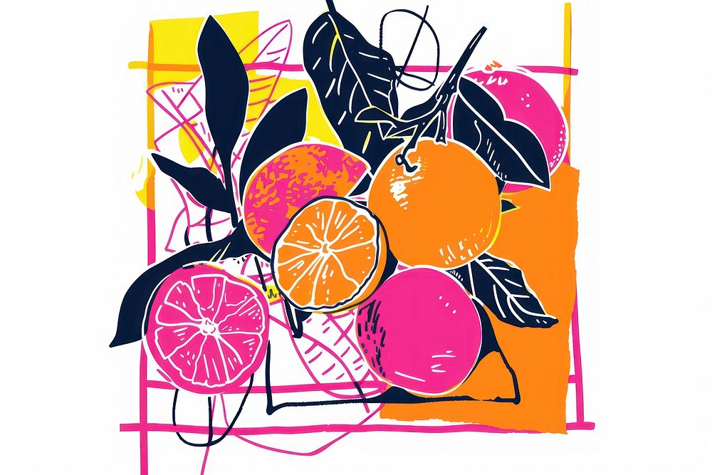 CMYK Screen printing of living grapefruit orange plant.