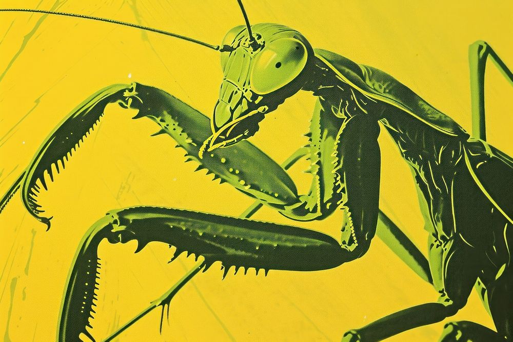 CMYK Screen printing of mantis animal insect yellow.