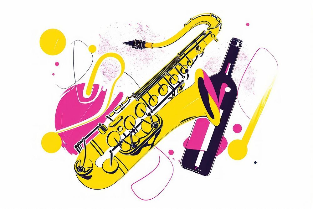 CMYK Screen printing of saxophone trumpet yellow pink.