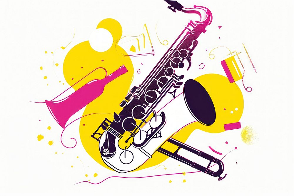 CMYK Screen printing of saxophone trumpet yellow performance.