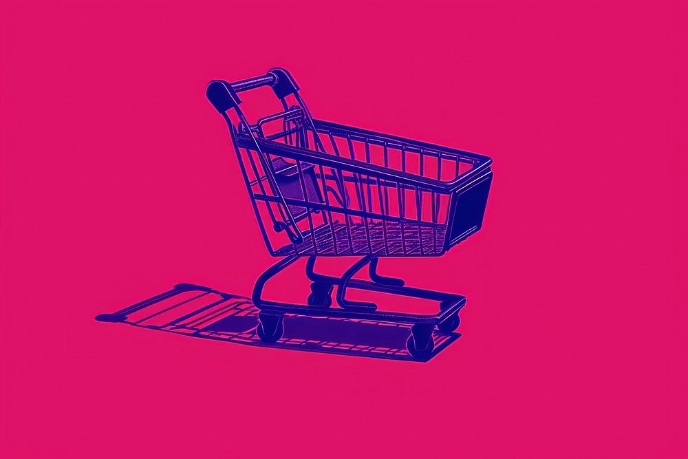 CMYK Screen printing of shopping cart purple line consumerism.