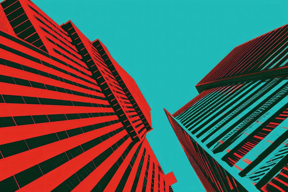 CMYK Screen printing of skyscraper architecture backgrounds metropolis.