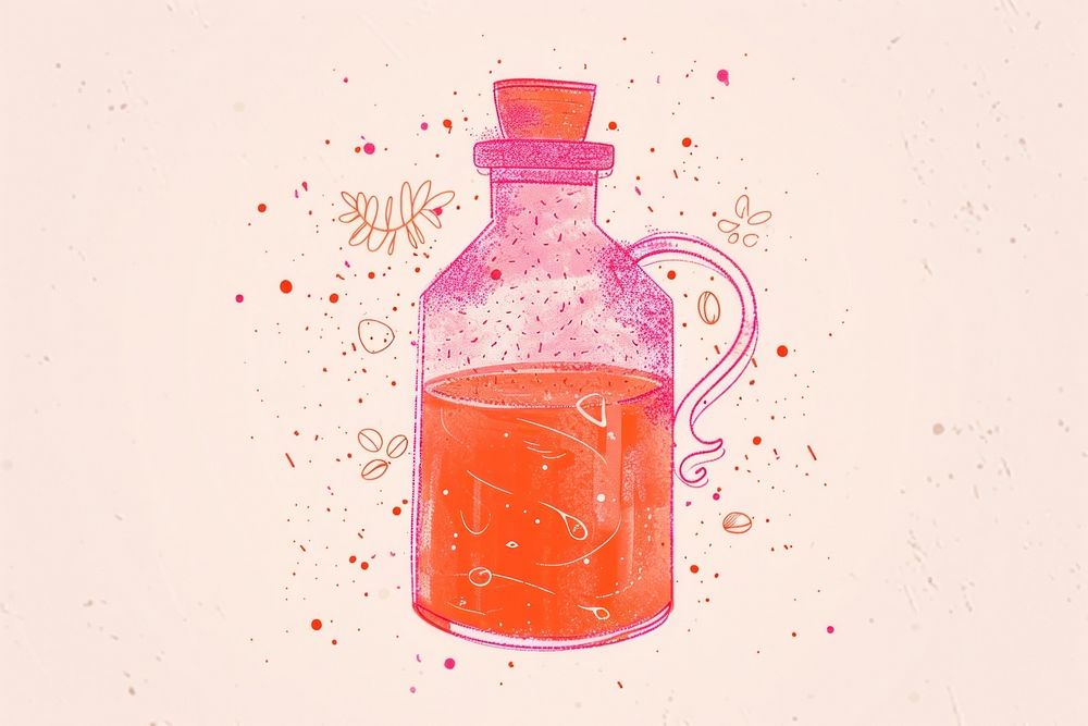 CMYK Screen printing of potion bottle pink refreshment splattered.