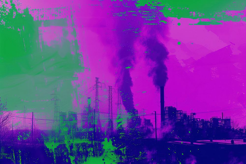 CMYK Screen printing of pollution purple line architecture.