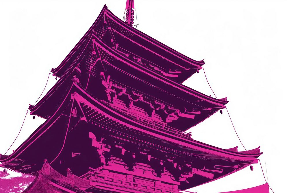 CMYK Screen printing of temple architecture pagoda purple.