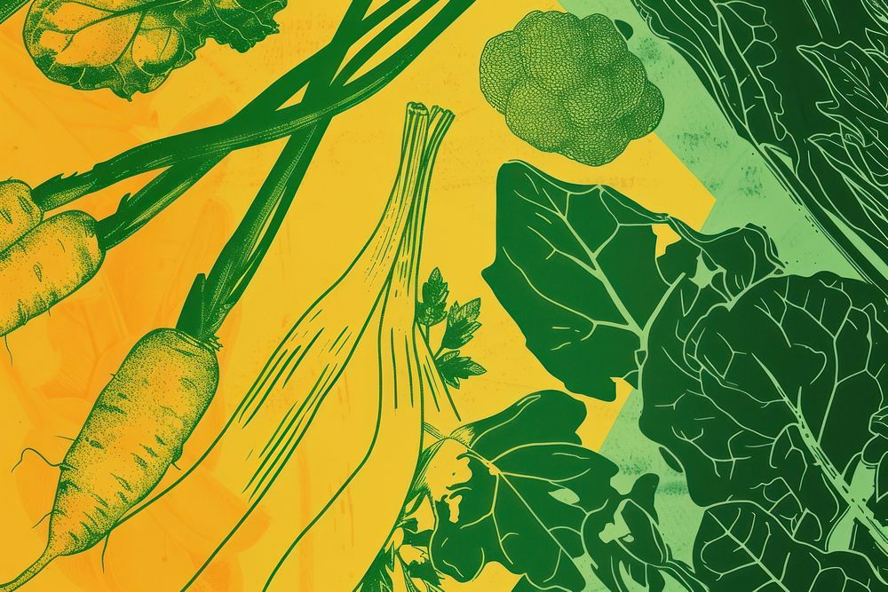 CMYK Screen printing of vegetables green backgrounds yellow.