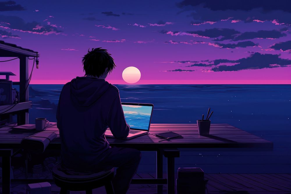 A Lonely boy Using laptop at Beach house furniture computer outdoors.