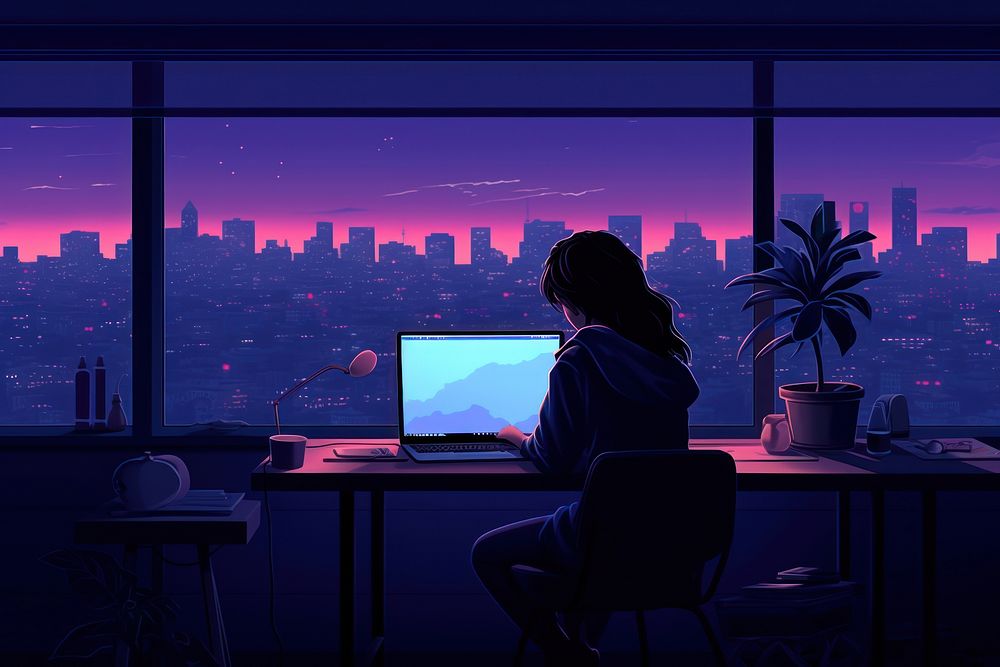 PNG A Lonely girl Using laptop in Apartment architecture furniture cityscape.