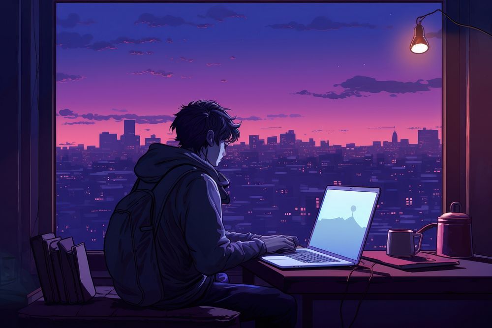 A Lonely boy Using laptop in Apartment architecture computer building.