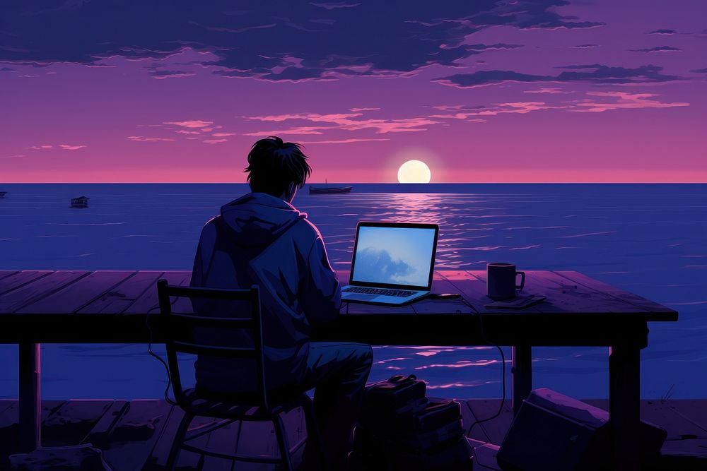 A Lonely boy Using laptop at Beach house computer outdoors horizon.