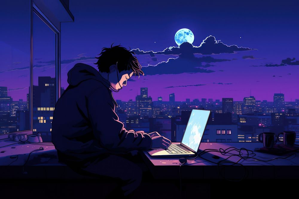 A Lonely boy Using laptop in Apartment computer adult night.