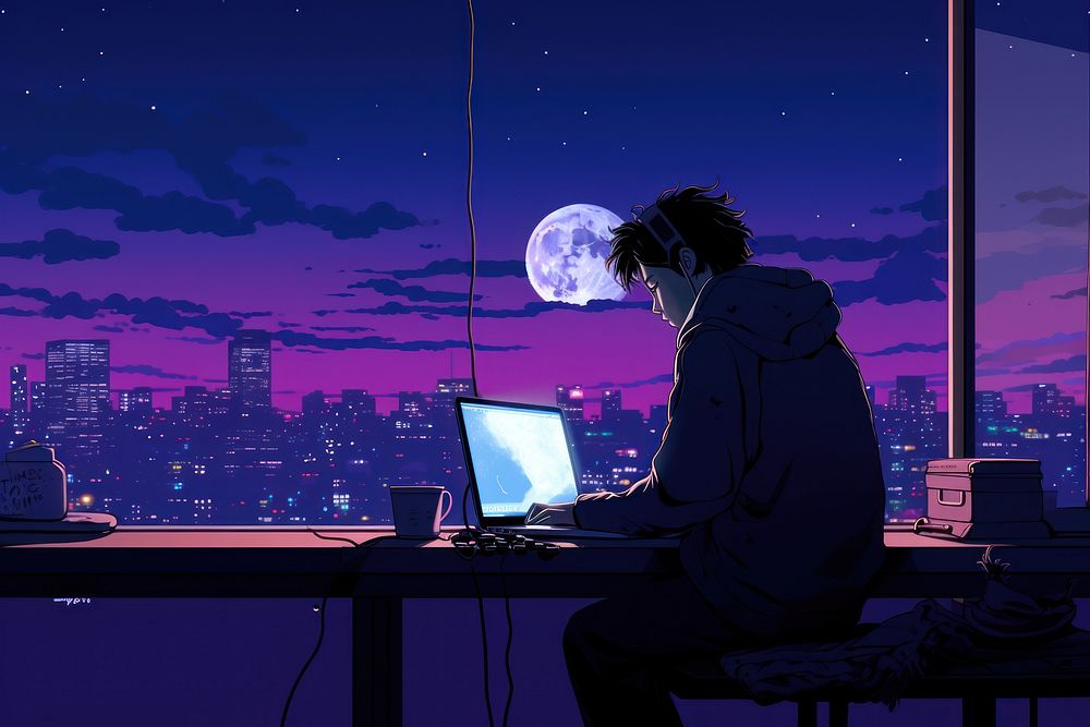 A Lonely boy Using laptop in Apartment night adult man.