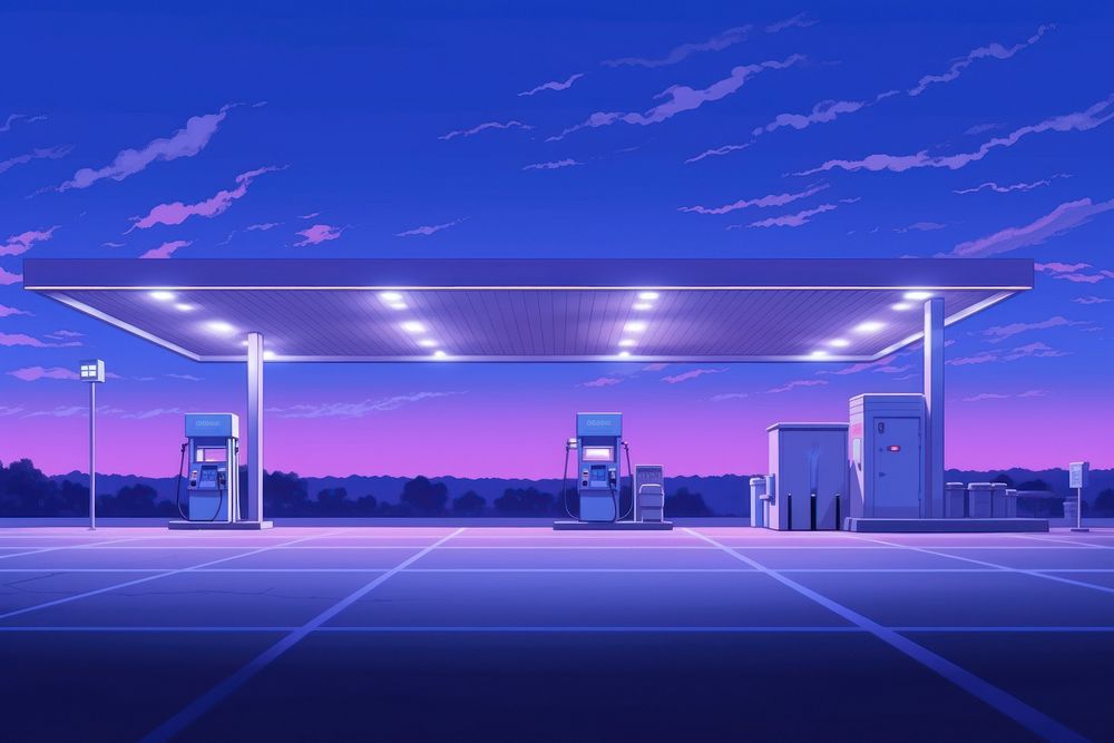 Gas station blue architecture illuminated.