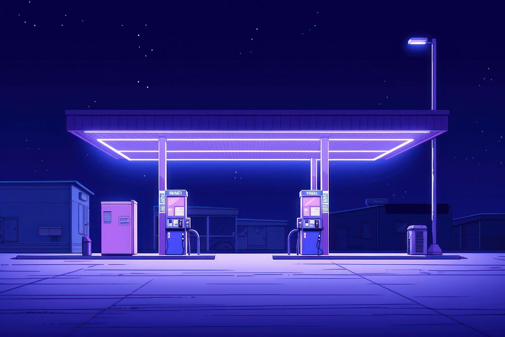 Gas station purple blue neon.