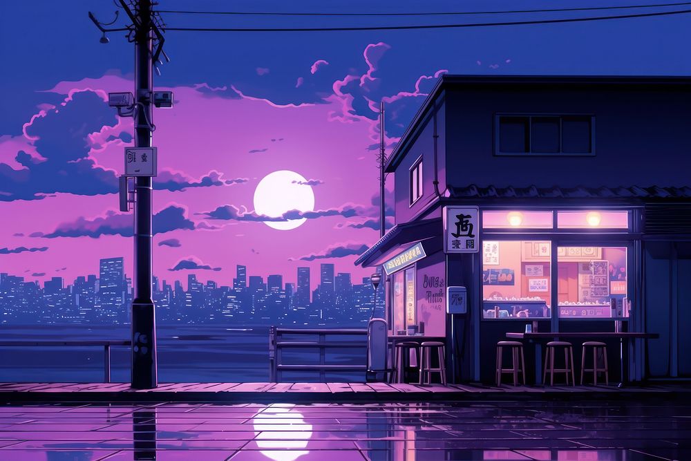 Japan art purple architecture cityscape.