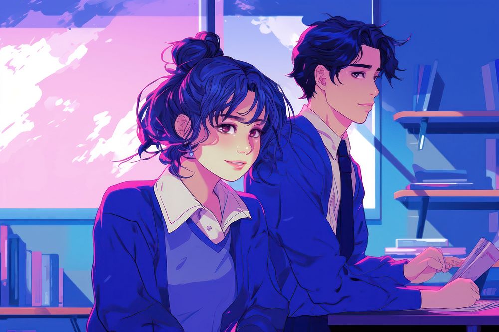 Portrait of students in classroom anime adult man.