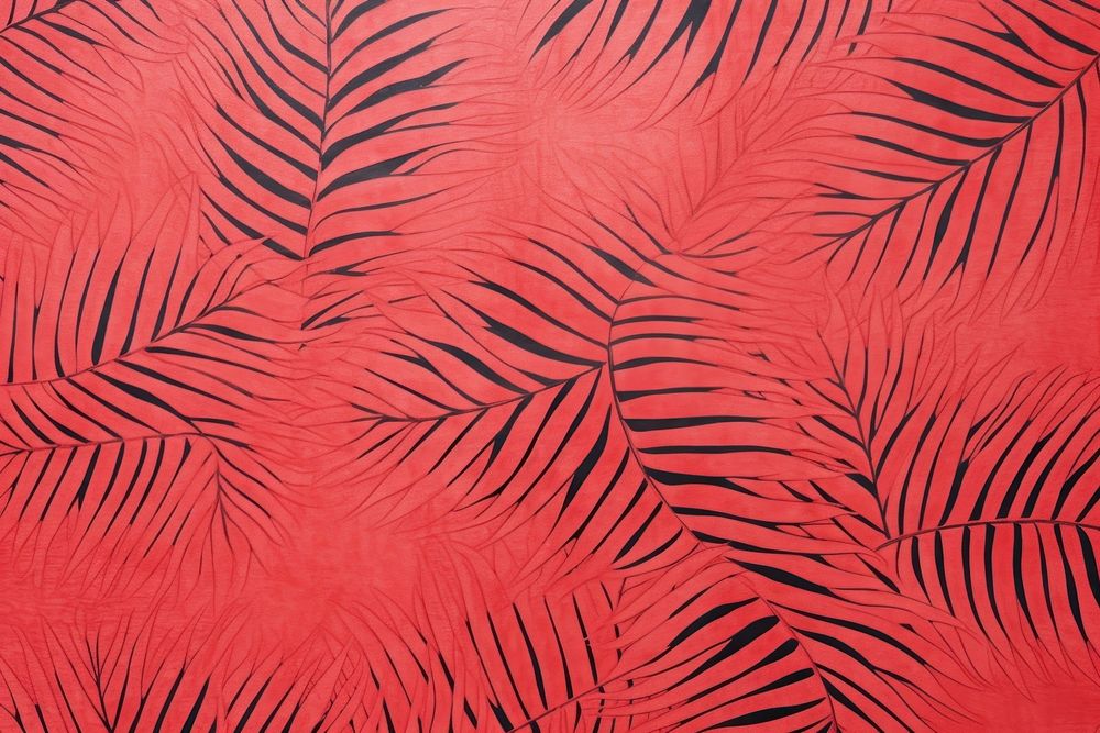 Silkscreen palm leaf pattern red backgrounds textured.