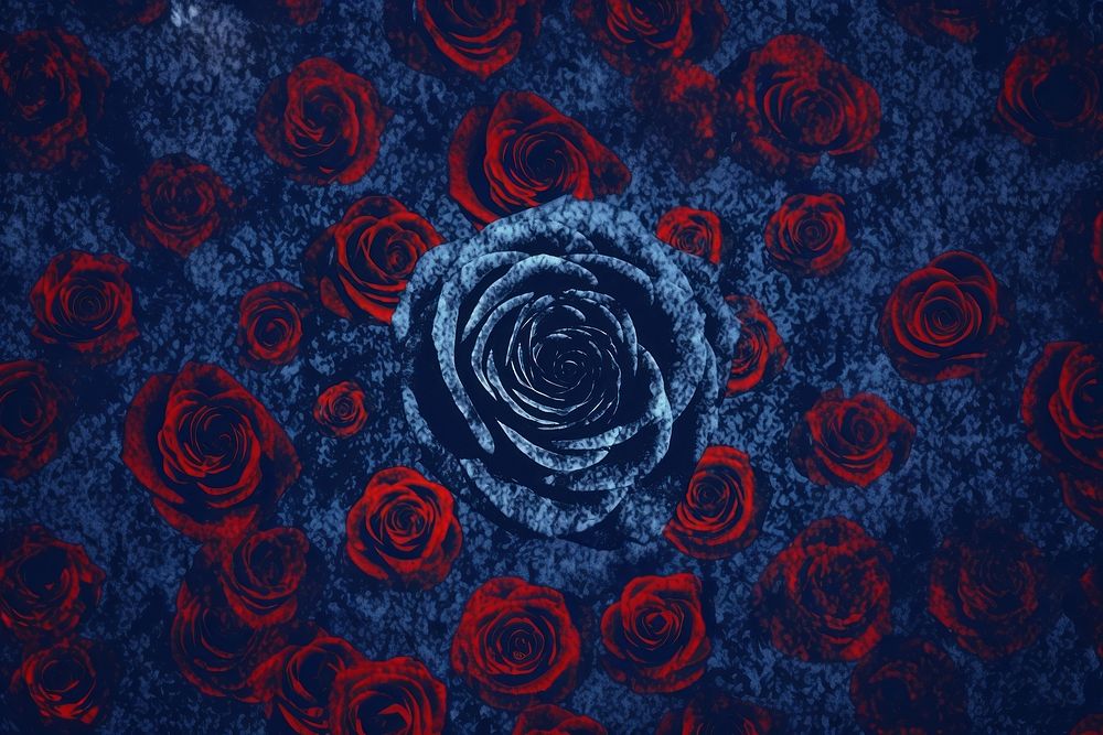 Silkscreen blue rose pattern backgrounds textured abstract.