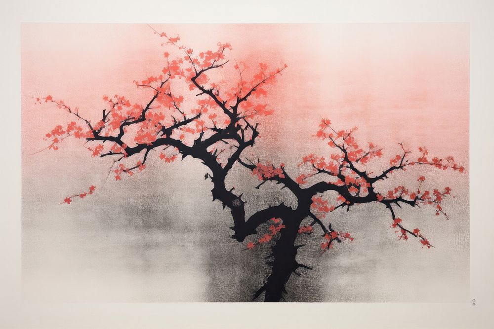 Silkscreen sakura tree painting blossom flower.