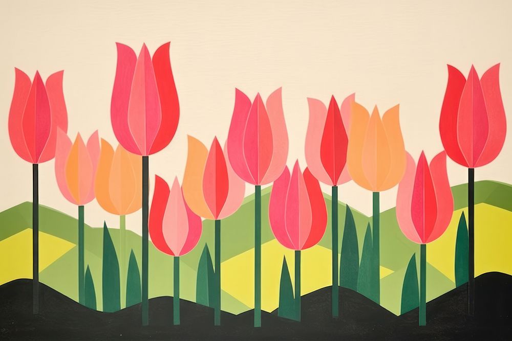 Tulips field painting flower plant.