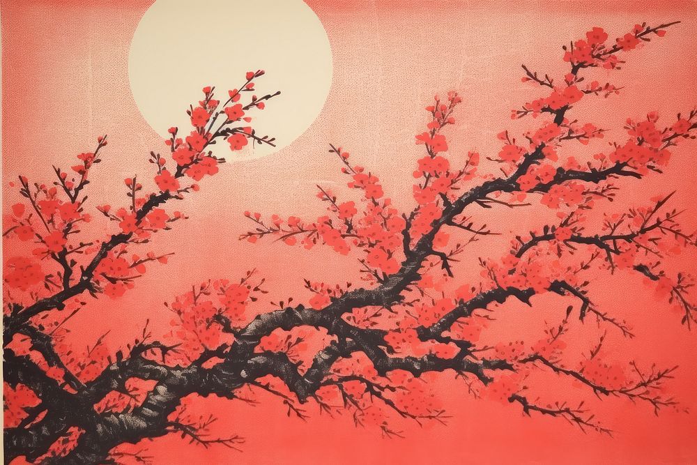 Silkscreen sakura pattern painting blossom plant.