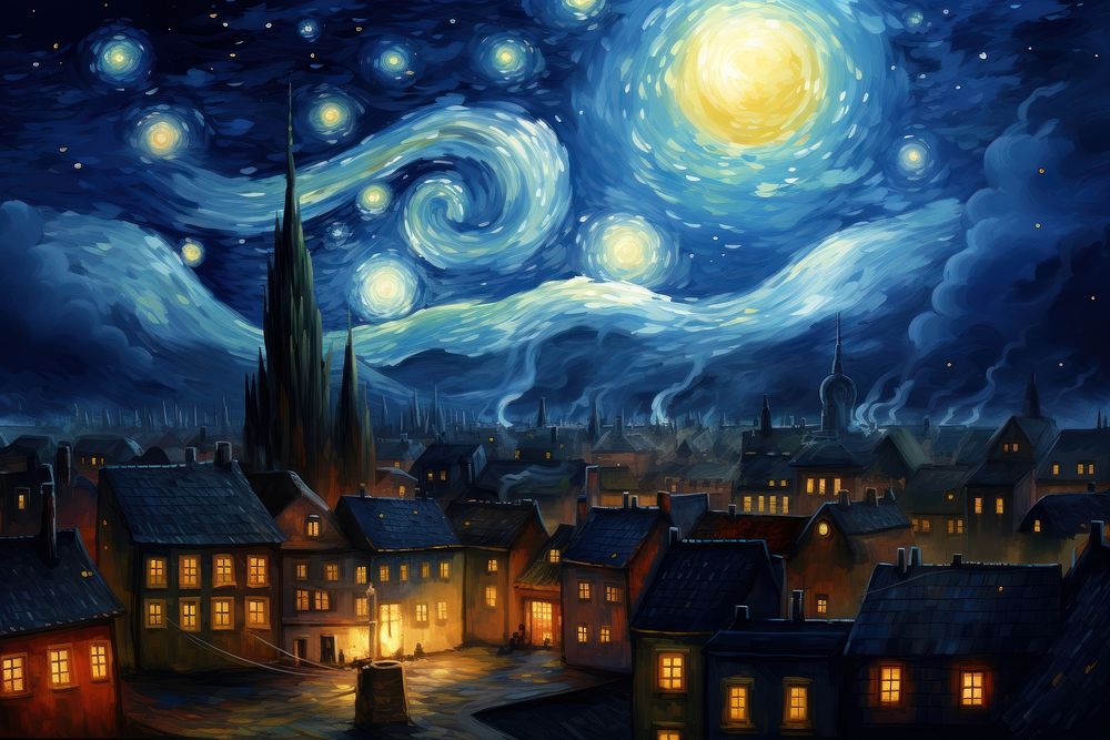 A starry night with the sky and full moon over the town outdoors painting city.
