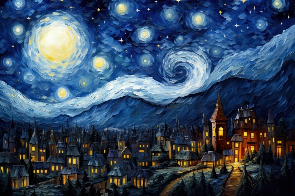 A starry night with the sky and full moon over the town painting outdoors art.