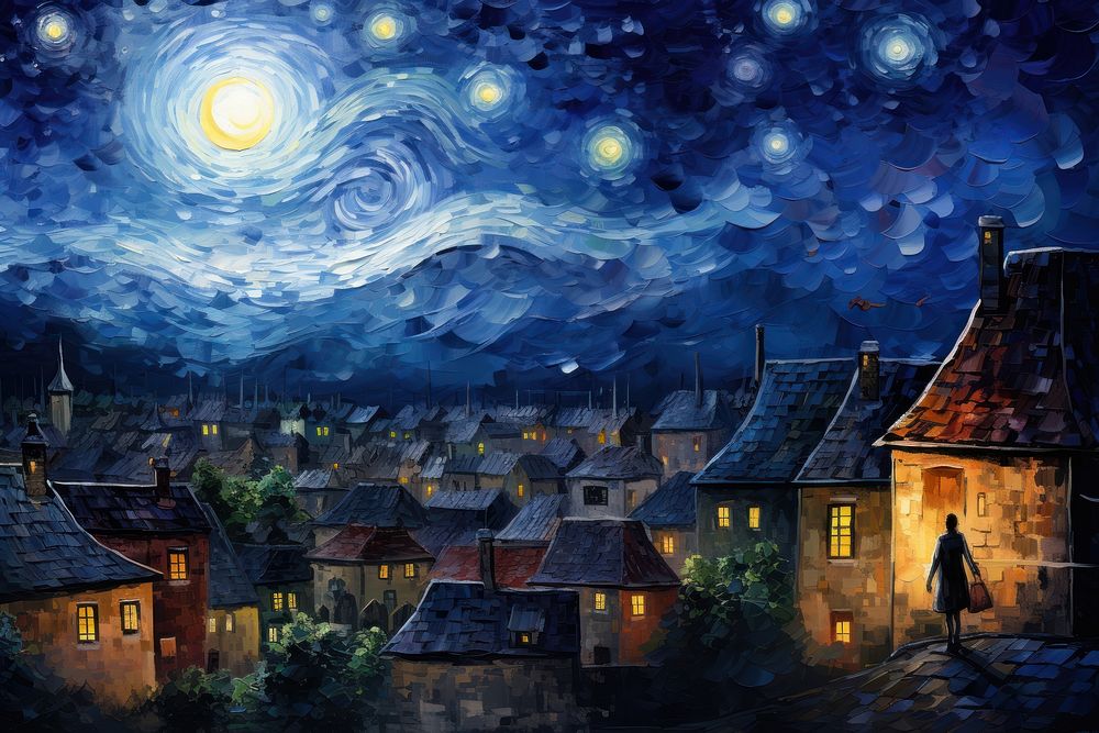 A starry night with the sky and full moon over the town painting architecture building.